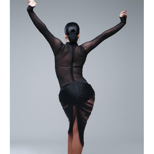 Black fringes latin dance costumes sexy senior gauze tassel latin dance dress for women latin dance dresses
